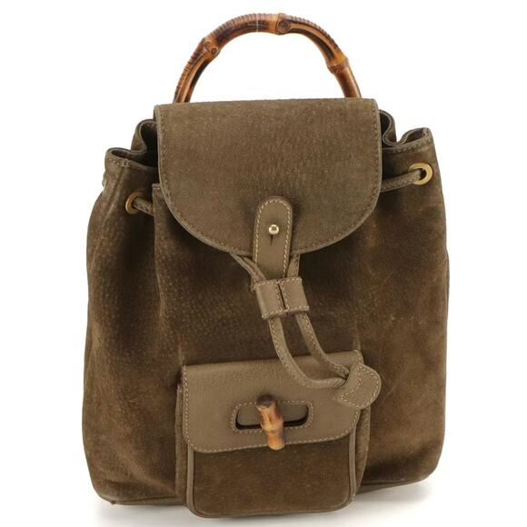 Gucci Brown Suede & Leather Bamboo Handle Mini Drawstring Backpack - Picture 1 of 7
